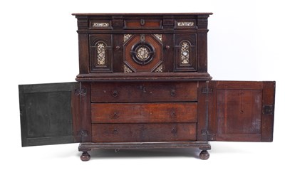 Lot 654 - A Commonwealth oak, ebonised and inlaid enclosed chest of drawers