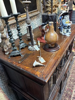 Lot 654 - A Commonwealth oak, ebonised and inlaid enclosed chest of drawers