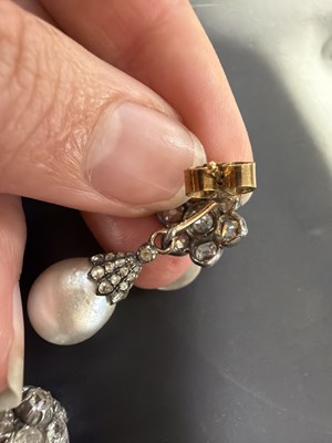 Lot 20 - A pair of 19th Century natural pearl and diamond drop earrings