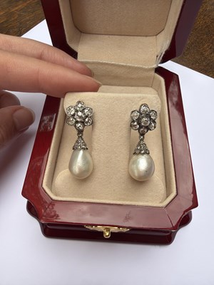 Lot 20 - A pair of 19th Century natural pearl and diamond drop earrings