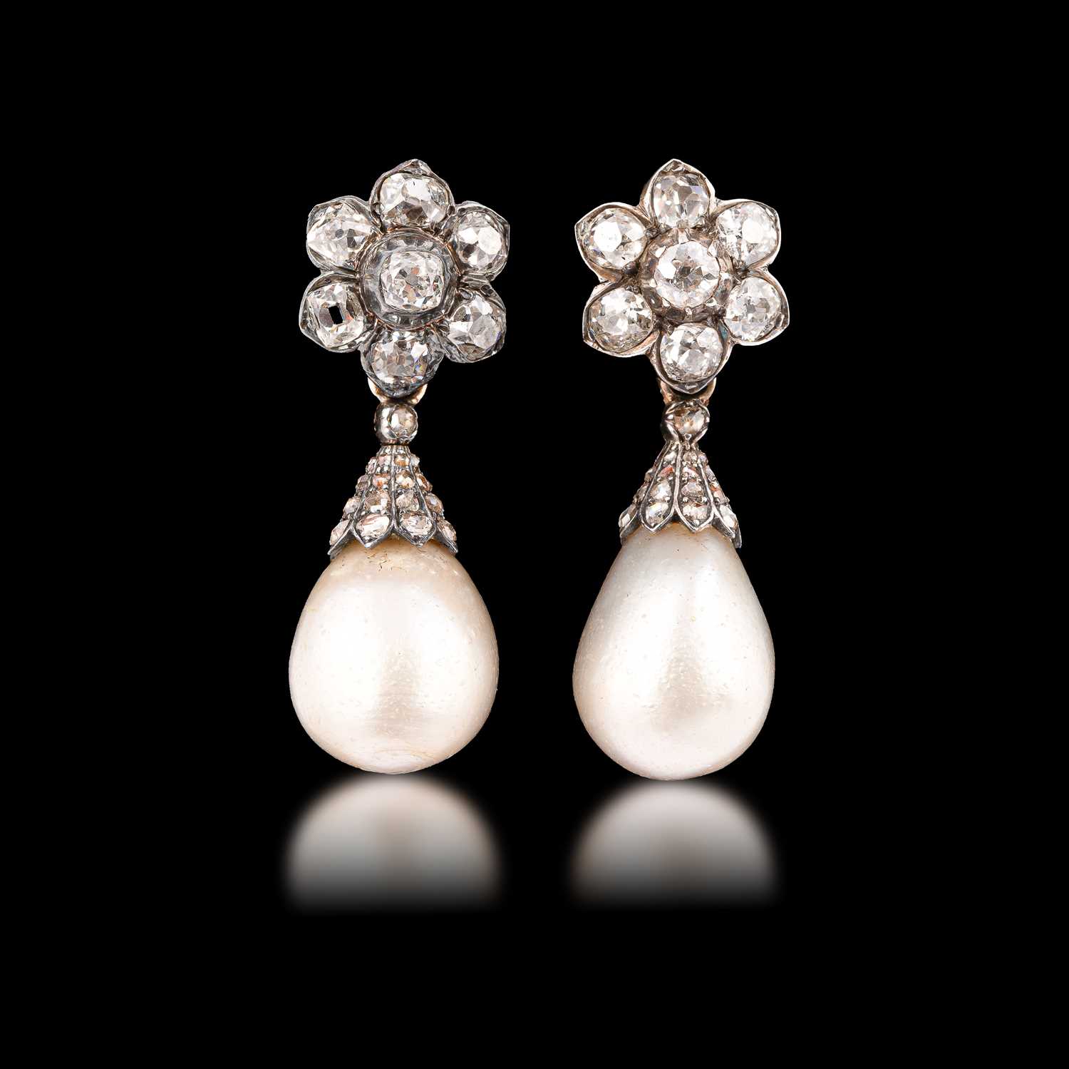 Lot A pair of 19th Century natural pearl and diamond drop earrings