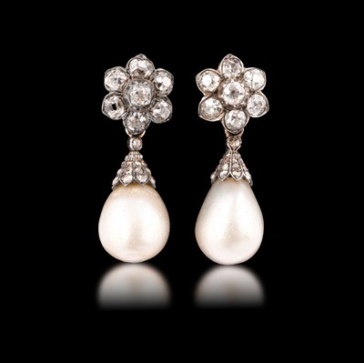 Lot A pair of 19th Century natural pearl and diamond drop earrings