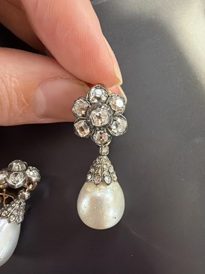 Lot 20 - A pair of 19th Century natural pearl and diamond drop earrings