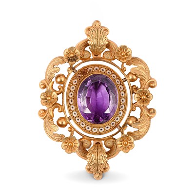 Lot A 19th Century yellow metal amethyst and enamel pendant