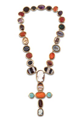 Lot A Georgian intaglio and cameo necklace with cross