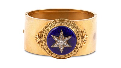 Lot 14 - A Victorian diamond and enamel memorial cuff bangle