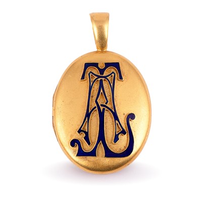 Lot 5 - A Victorian oval yellow metal and enamel locket