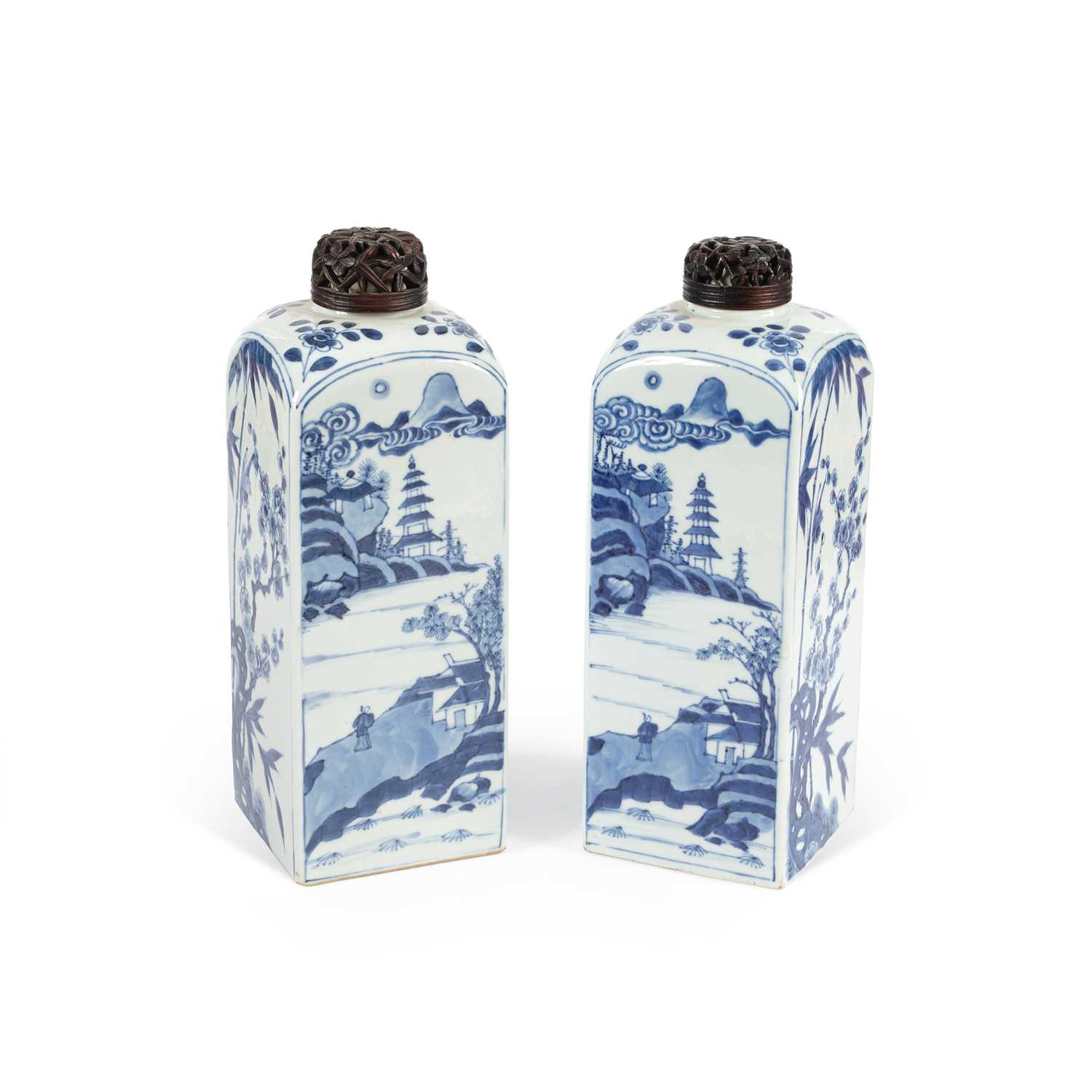 Lot 550 - A pair of Chinese blue and white square-section gin bottles