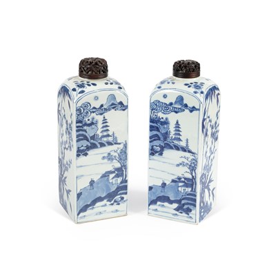Lot 550 - A pair of Chinese blue and white square-section gin bottles
