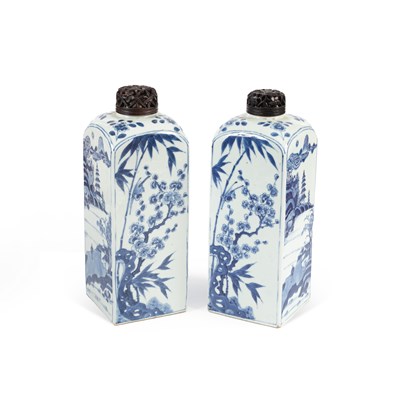 Lot 550 - A pair of Chinese blue and white square-section gin bottles
