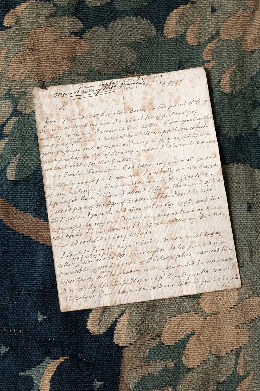 Lot 500 - Thomas Paine (1737-1809) autograph letter signed to Colonel John Fellows (1735 – 1808)