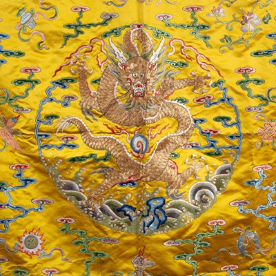 Lot 589 - A Chinese Imperial yellow ground silk and metal thread cover