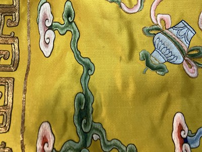 Lot 589 - A Chinese Imperial yellow ground silk and metal thread cover
