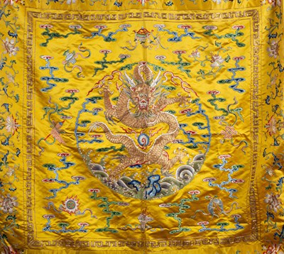 Lot 589 - A Chinese Imperial yellow ground silk and metal thread cover