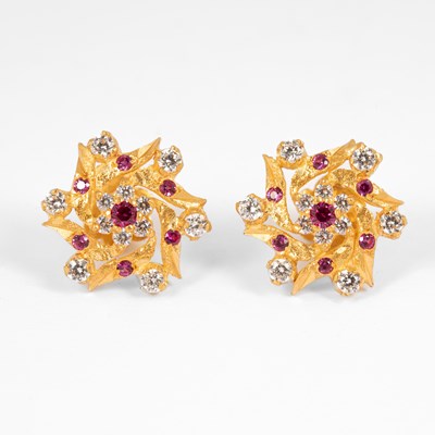 Lot 189 - A pair of 22ct gold gem set cluster earrings