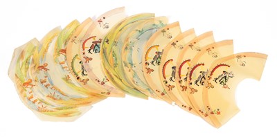 Lot 391 - A set of faux parchment and hand-painted lampshade panels