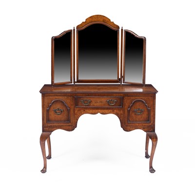 Lot 859 - A Queen Anne style walnut dressing table with triple-plate freestanding mirror