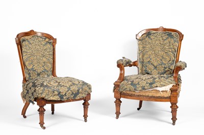 Lot 265 - A pair of late Victorian walnut and inlaid 'his and hers' chairs