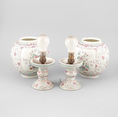 Lot 291 - A pair of Chinese famille rose globular lanterns and stands