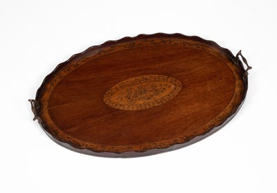 Lot 791 - A George III style mahogany, satinwood and penwork oval tray