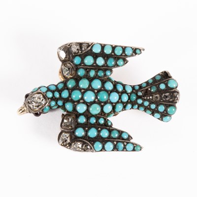 Lot 63 - A Victorian turquoise, diamond and ruby set bird pendant/brooch