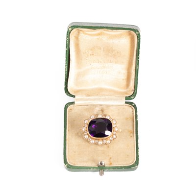 Lot 19 - A Victorian gold, amethyst, pearl and diamond brooch