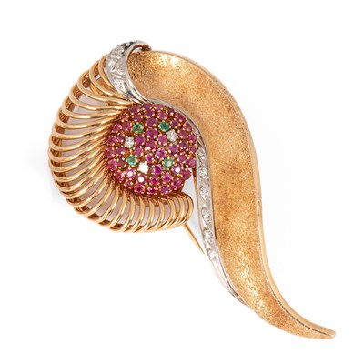 Lot 214 - A yellow metal ruby, diamond and emerald brooch
