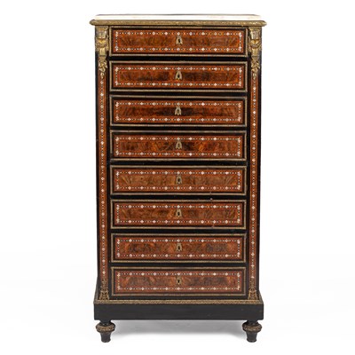 Lot 303 - A Napoleon III gilt-metal mounted ebonised, walnut, mother-of-pearl and brass inlaid secretaire