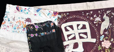 Lot 243 - Two Cantonese silk shawls and a large silk banner