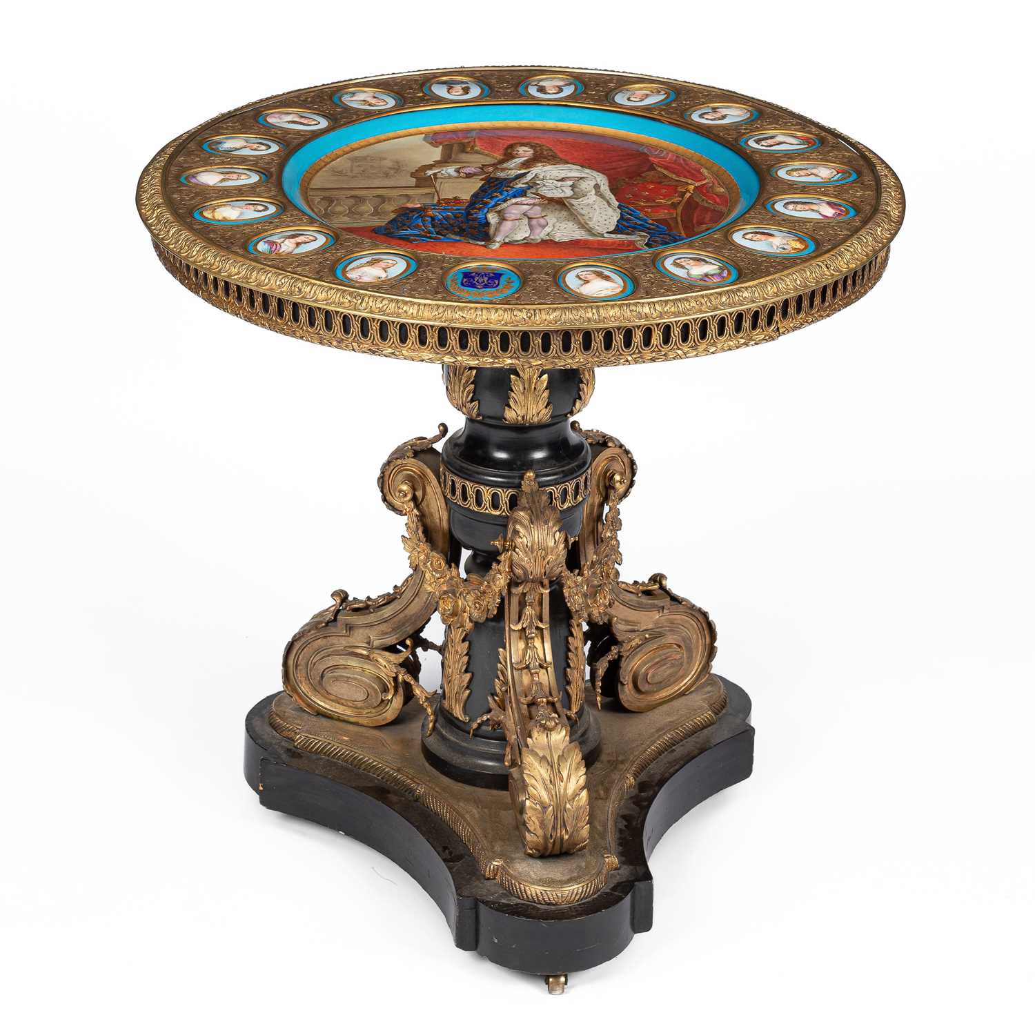 Lot 367 - A Sèvres style porcelain and brass mounted centre table