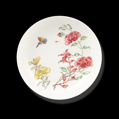 Lot 312 - A Chinese famille rose butterfly and peony saucer dish