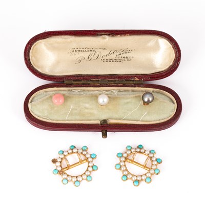Lot 203 - A pair of Victorian yellow metal pearl and turquoise buckles