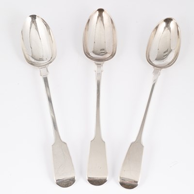 Lot 8 - Three Georgian and later fiddle pattern silver basting spoons