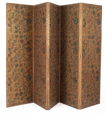 Lot 352 - A Spanish five-panel leather screen