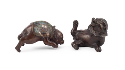 Lot 202 - A pair of Japanese bronze and cloisonné enamel puppies
