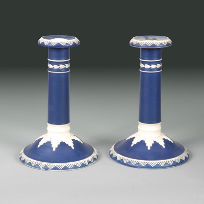 Lot 656 - A pair of Spode jasper candlesticks