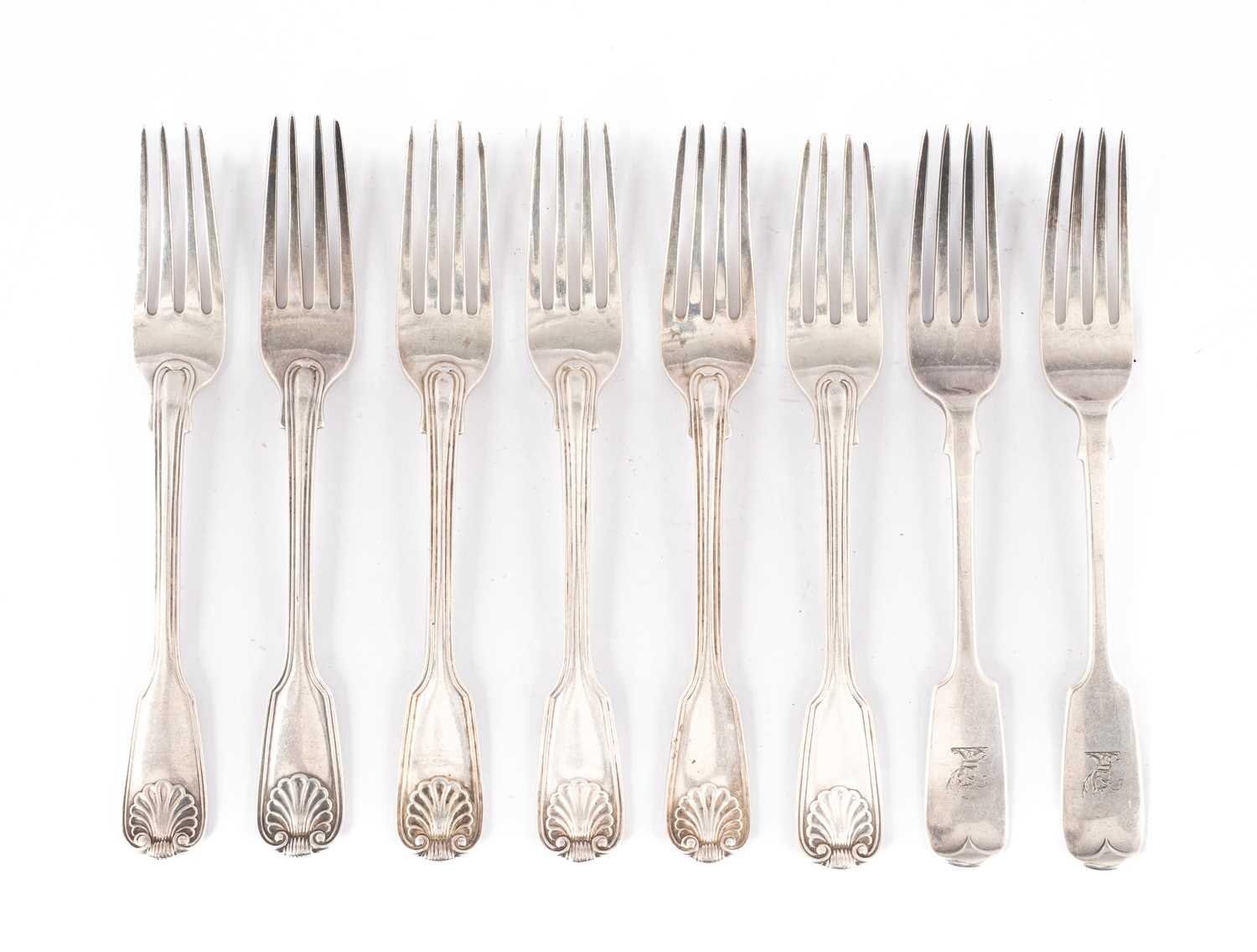 Lot 49 - A closely matched set of six shell and thread pattern silver dessert forks
