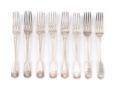 Lot 49 - A closely matched set of six shell and thread pattern silver dessert forks