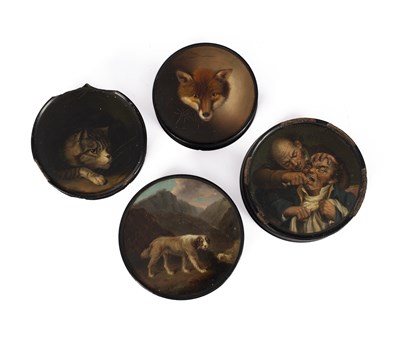 Lot 695 - Three papier-mâché snuff boxes painted by Samuel Raven (1775-1847)