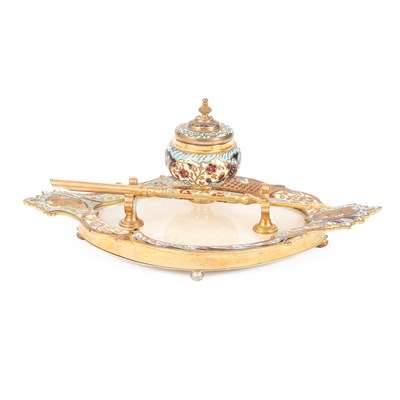 Lot 690 - A French champlevé enamel and hardstone inkstand