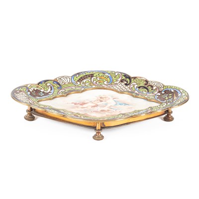 Lot 691 - A French champlevé enamel and porcelain tray