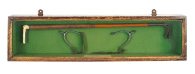 Lot 596 - John Peel interest: A cased riding crop and spurs