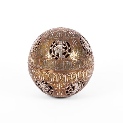 Lot 92 - A Khorassan style brass and silver inlaid copper incense burner