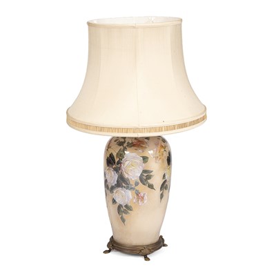 Lot 579 - A large reverse glass decorated lamp