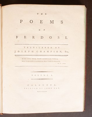 Lot 801 - Champion (Joseph, translator) The Poems of Ferdosi [Presentation copy]